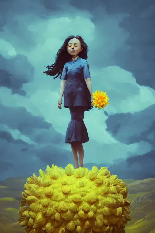 Image similar to closeup girl with huge yellow dahlia flower face, intricate, standing on mountain, surreal photography, blue storm clouds, dramatic light, impressionist painting, digital painting, artstation, simon stalenhag