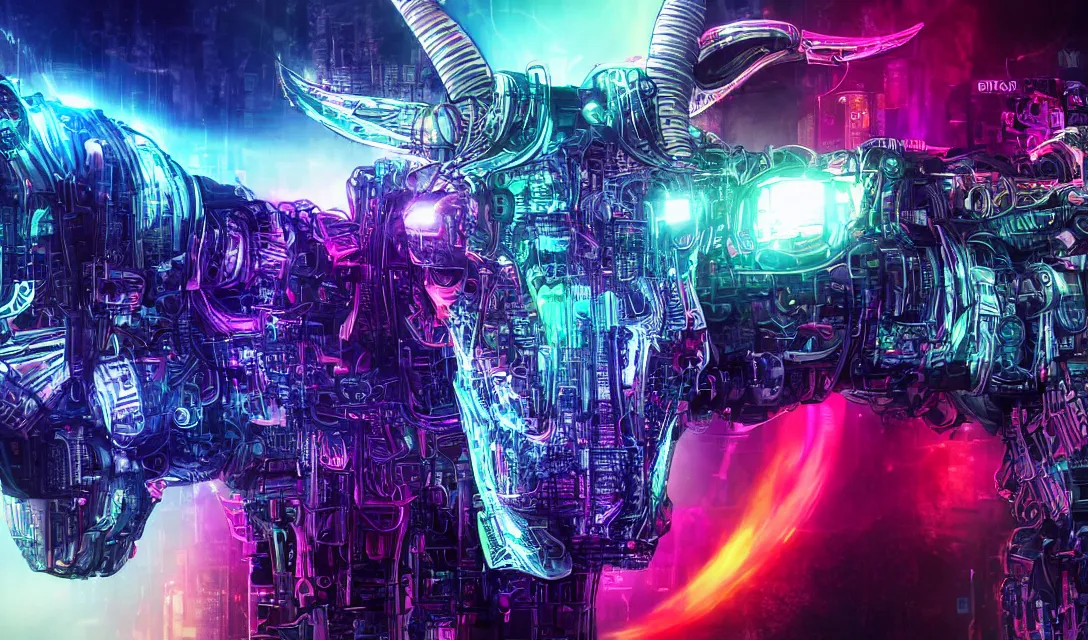 Prompt: complex cyberpunk machine background merged with evil cybernetic goat head, symmetric, multicolored digital art, 8k