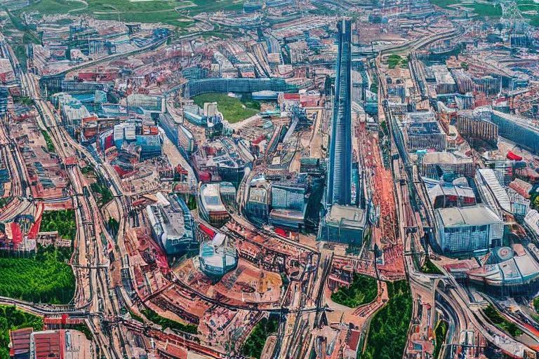 Image similar to bird's eye view photograph of a Russian city, no watermarks, extremely detailed photography