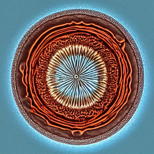 Image similar to dark field microscopy photograph of a diatom at 1 0 0 x symmetrical, beautiful colours