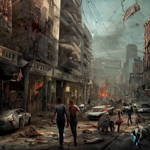 Image similar to nathan drake in a street full of zombies, artstation hall of fame gallery, editors choice, #1 digital painting of all time, most beautiful image ever created, emotionally evocative, greatest art ever made, lifetime achievement magnum opus masterpiece, the most amazing breathtaking image with the deepest message ever painted, a thing of beauty beyond imagination or words