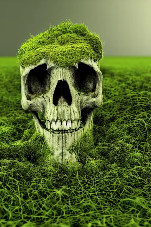 Prompt: The skull is overgrown with moss and grass, lies in the grass, ultrarealism, render, 3d computer graphics
