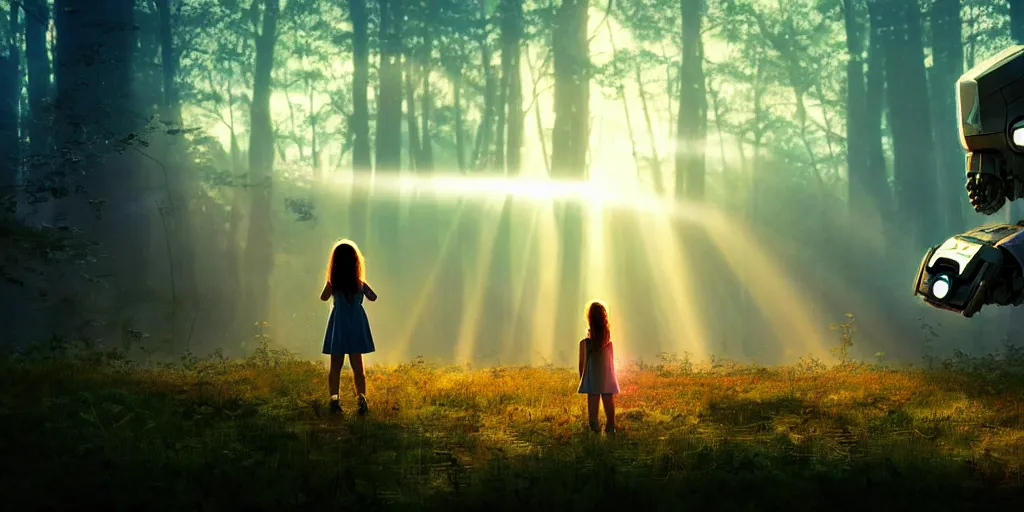 Image similar to sci - fi scene future new york, little girl alone holding onto the outstretched hand of a giant robot, forest punk, little girl meets robot, crepuscular rays, epic scene, hyper realistic, photo realistic, overgrowth, cinematic atmosphere, ethereal lighting,