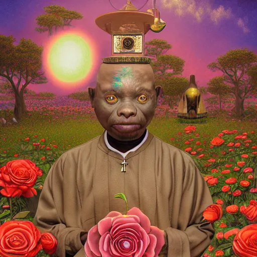 Image similar to wide angle dynamic portrait of a chibbi dogon priest in a rose garden with a red pond and a golden ornate steampunk portal, amigurumi by mark ryden and todd schorr and mark davis and zdislaw beksinski in a surreal lowbrow style, digital paint, matte paint, vivid synthwave colors, breathtaking landsape