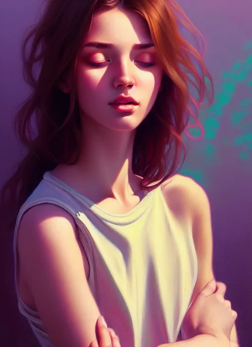 Image similar to attractive young women with shoulder length brown hair, half body shot, path traced, highly detailed, high quality, digital painting, alena aenami, lilia alvarado, shinji aramaki, karol bak, alphonse mucha, tom bagshaw