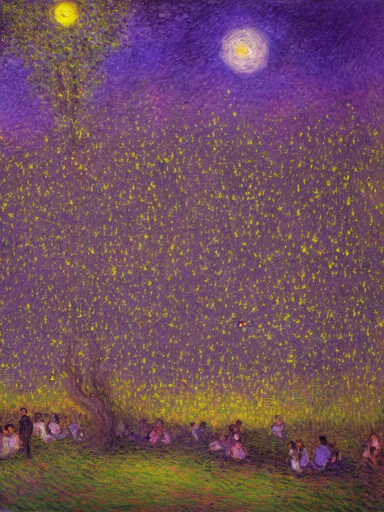 Prompt: gauzy twilight impressionist painting of fireflies in my backyard with an old apple tree in a purple cast with people! dancing in the moonlight, moon in center of sky, intense purplish color oil painting by claude monet and piet mondrian, cosmic trending on artstation 8 k