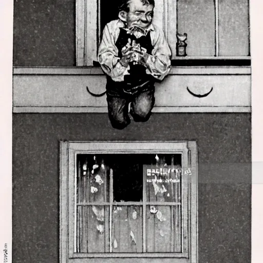 Prompt: close up portrait of dwarf jumping from balcony by norman rockwell, illustration, 5 0 mm lens,