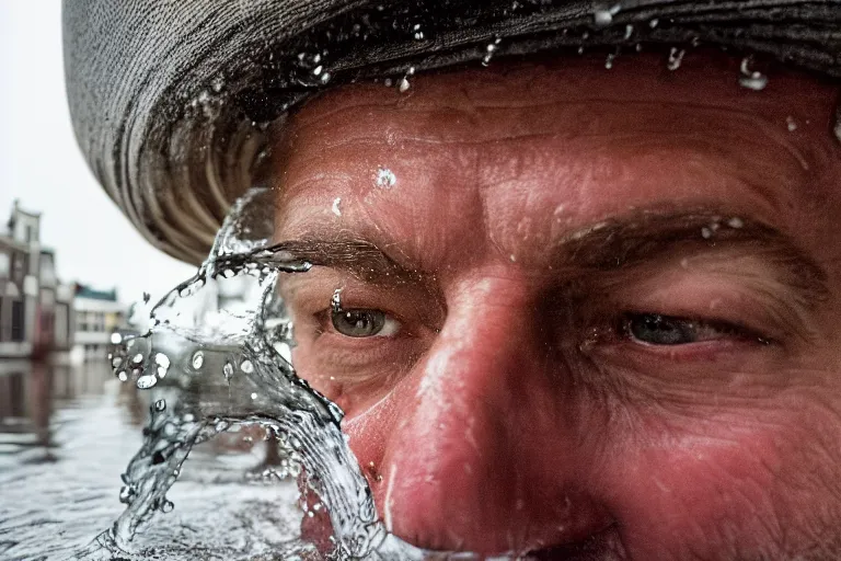 Prompt: closeup potrait of a man with a bucket of water in a flood in Amsterdam, photograph, natural light, sharp, detailed face, magazine, press, photo, Steve McCurry, David Lazar, Canon, Nikon, focus