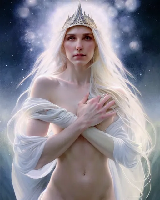 Image similar to realistic portrait of a beautiful white witch, bright, beautiful, heroic pose, beautiful face, magic, full body, dramatic lighting, intricate, wild, highly detailed, digital painting, artstation, concept art, smooth, sharp focus, illustration, art by artgerm and greg rutkowski and alphonse mucha, footage from space camera