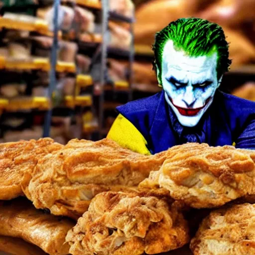 Prompt: cinematic shot of the joker sitting on a gigantic pile of chicken and biscuits in a warehouse, 8 k, very intricate, very detailed,