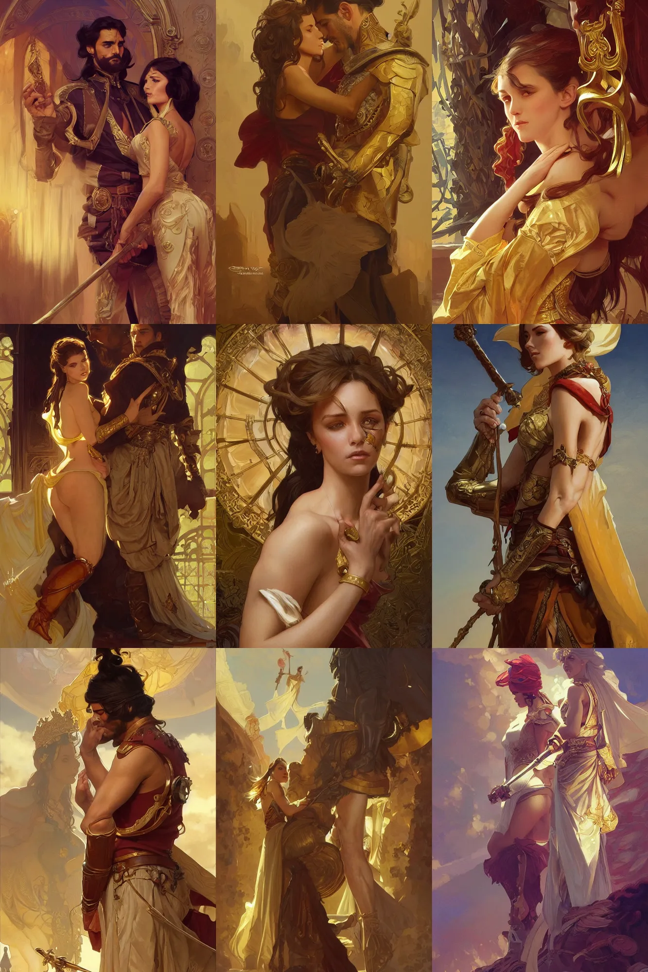 Prompt: spanish conquistador seduced by a golden woman, elegant, highly detailed, digital painting, artstation, concept art, smooth, sharp focus, illustration, art by artgerm and greg rutkowski and alphonse mucha