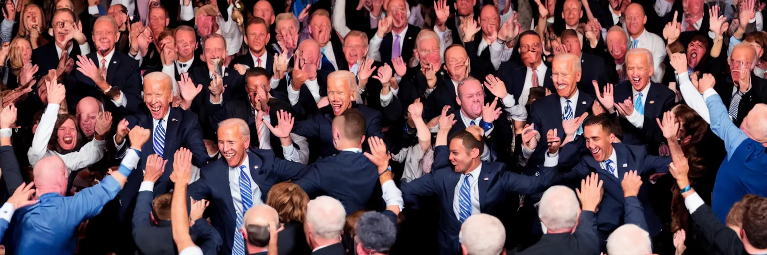 Prompt: photograph of several clones of joe biden raving in a mosh pit