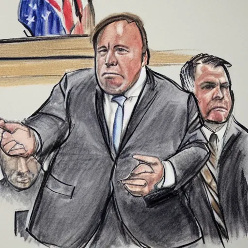 Prompt: alex jones courtroom sketch court trial