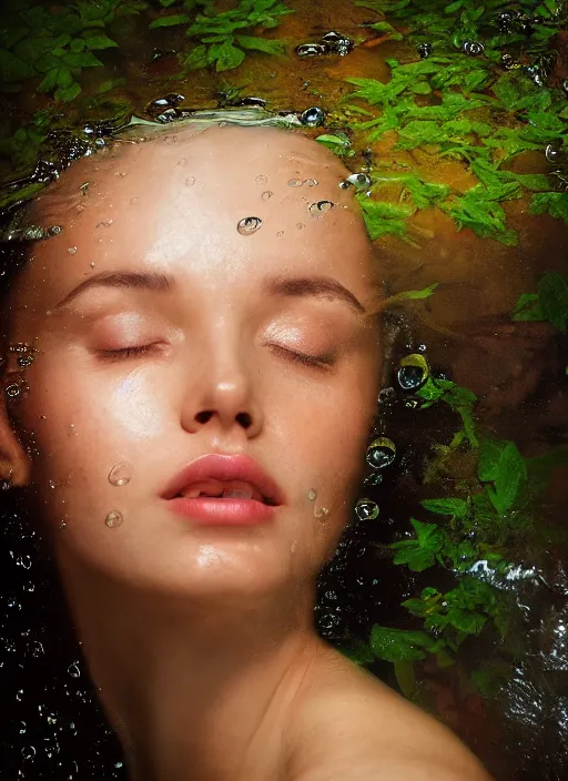 Prompt: A beautiful closeup portrait of a woman fully submerged ecxept of the top of his head, excited look in her eyes, water reflection, in style of frontiers in a spring water fall surrounded by greenery, highly detailed, soft lighting, elegant,sigma 85mm, shallow depth of field, Edward Hopper and James Gilleard, Zdzislaw Beksinski, Steven Outram, highly detailed