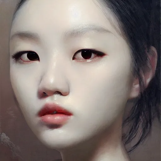 Prompt: Lee Jin-Eun by Ruan Jia, rule of thirds, seductive look, beautiful