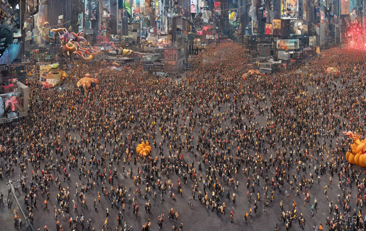 Image similar to photograph a crowd of people connected to a mammoth algorithm machine. new york thanksgiving parade by shaun tan, slim aarons, zhang kechun, national geographic. octane render. in the style of the fifth element, cyberpunk 2 0 4 9.
