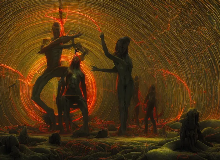 Image similar to satanic ritual, summoning the devil, neon, they are watching, RGB, glowing wires everywhere, pristine, by Edgar Maxence and Ross Tran, Zdzisław Beksiński, and Michael Whelan, distant, gustav dore, H.R. Giger, 8k, octane render