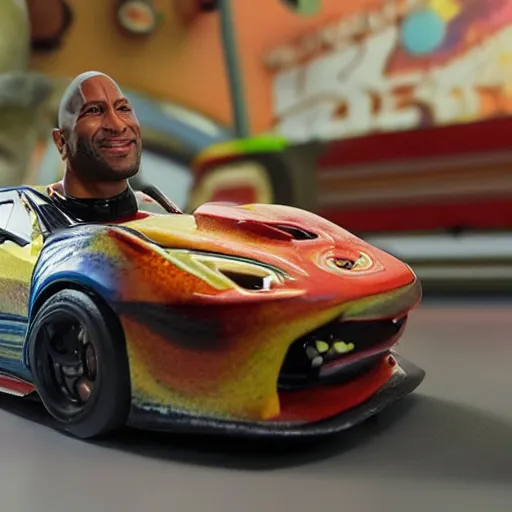 Image similar to dwayne johnson in hotwheels acceleracers