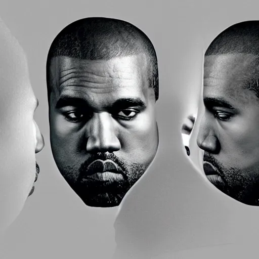 Prompt: a photo of kanye west looking into a shattered mirror with different versions of him splitting in the mirror, 8 k concept art, first person, 3 d, detailed faces, melancholy, calm, nostalgic