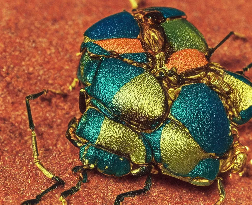 Image similar to a closeup of a beautiful colorful beetle coleoptera. high quality national geographic by gustave boulanger, clemens ascher, joaquin sorolla