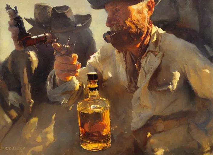 Image similar to oil painting of old rugged cowboy with whiskey bottle and gun, art by anders zorn, wonderful masterpiece by greg rutkowski, beautiful cinematic light, american romanticism by greg manchess