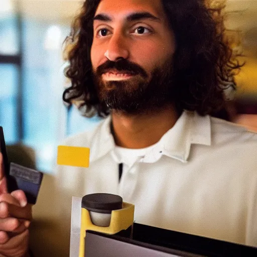 Image similar to closeup portait of jesus working as a cashier at macdonalds