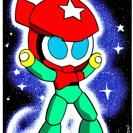 Image similar to galaxyman ( from megaman 9 ) in the style of hirohiko araki