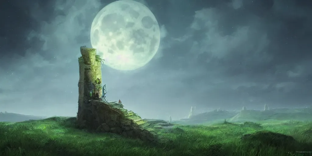 Image similar to The great marble wizards tower, painted landscape,green fields in the background, moody lighting, moon in the night sky, sharp image, artstation, colorful digital art