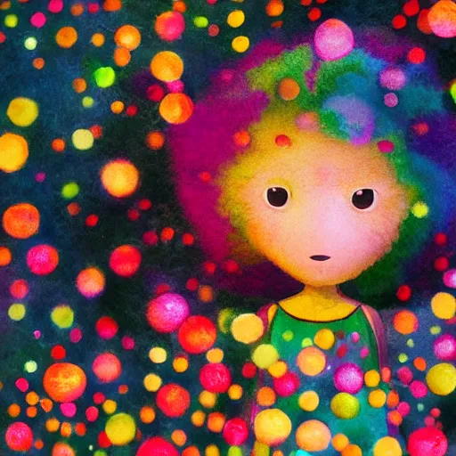 Image similar to a black girl with a colorful afro in a candy forest at night, bokeh, bright colours, watercolor, volumetric wool felting, macro photography, children illustration, by goro fujita