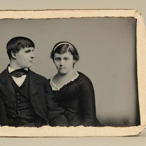 Prompt: antique black and white photograph of a young couple, studio lighting, cardboard cutout backgrounf 1 8 7 6