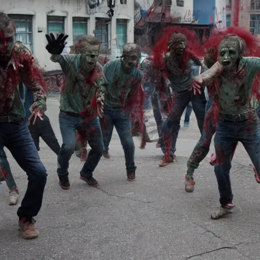 Prompt: zombies with no heads dancing in the street