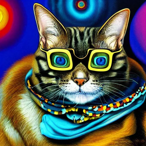 Image similar to portrait of a cat in the movie fear and loathing in las vegas, extremely detailed, psychedelic, trippy, digital painting, centered, vertical symmetry, trending, artstation, artwork by albrecht durer