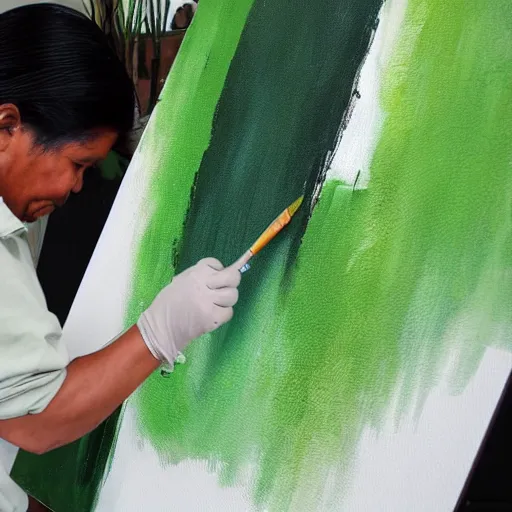 Prompt: A Peruvian artist painting a plain green picture on canvas