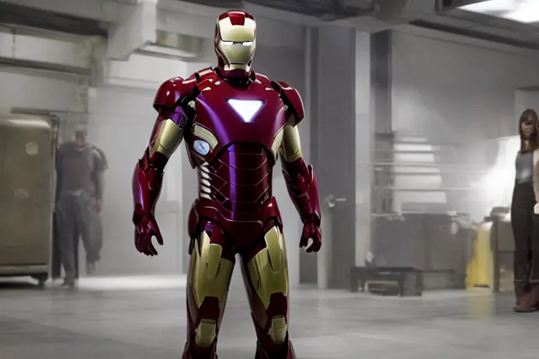 Prompt: Film still of Elon Musk as Iron Man, wearing the Iron Man armour, Marvel Studios