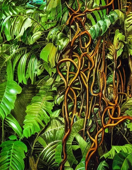 Image similar to vintage color photo of a 1 1 0 million years old abstract liquid gold sculpture covered by the jungle vines