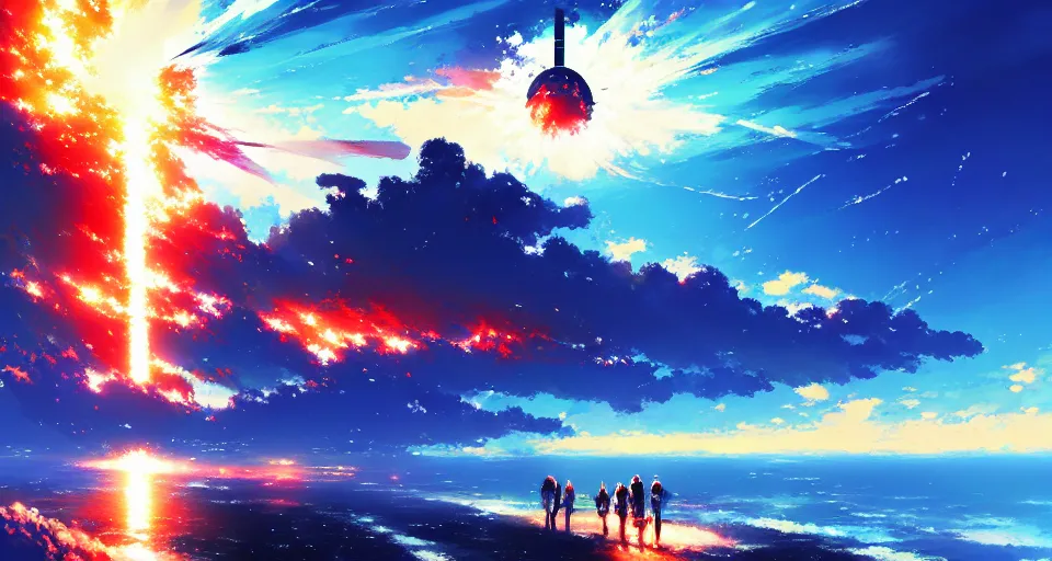 Prompt: a nuclear bomb mid - detonation above the ocean trending pixiv fanbox, acrylic palette knife, style of makoto shinkai takashi takeuchi yoshiyuki sadamoto greg rutkowski chiho aoshima