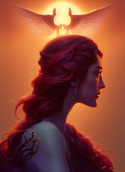 Prompt: side profile centered painted portrait, emmy rossum as an angel of death, d & d, gloomhaven, matte painting concept art, art nouveau, beautifully backlit, swirly vibrant color lines, fantastically gaudy, aesthetic octane render, 8 k hd resolution, by ilya kuvshinov and cushart krent and gilleard james