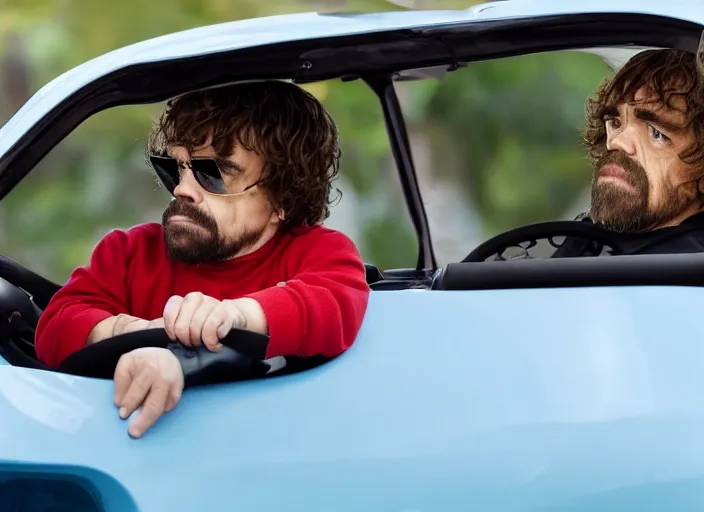 Prompt: peter dinklage driving a little tikes cozy coupe, movie still, from the new fast and furious movie, 8 k, realistic