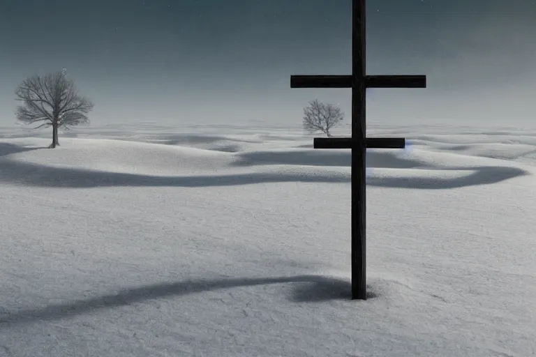 Image similar to a cross on a snow covered field, landscape inspired by salvador dali, a matte painting by li shida, cgsociety, context art, redshift, matte painting, reimagined by industrial light and magic