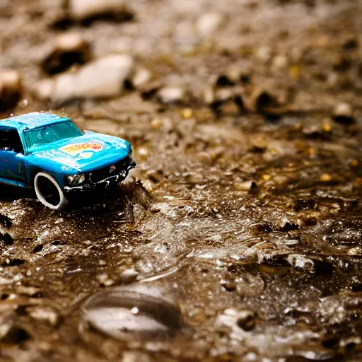 Image similar to macro photography of a toy hot wheels car driving through a creek in the rain, 3 5 mm