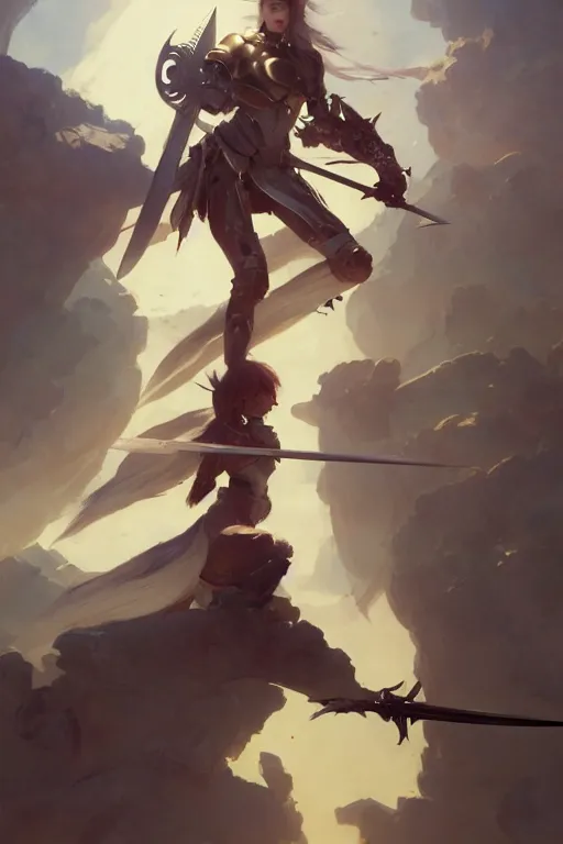 Image similar to girl with armor fighting with ten sword flying around her by hsiao ron cheng, by gaston bussiere, anna nikonova aka newmilky, greg rutkowski, yoji shinkawa, yoshitaka amano, trending on artstation, featured on pixiv, cinematic composition, 8 k