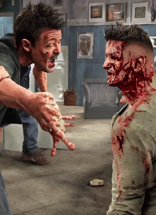 Prompt: a scene from friends where joey and chandler fight zombies, face enhance, realistic, shaun of the dead, izombie, ultra detailed, octane render, lovecraftian, horror, dead space, the walking dead