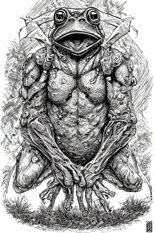 Prompt: humanoid frog warrior, toad themed, bog, symmetrical, highly detailed, digital art, sharp focus, trending on art station, kentaro miura manga art style