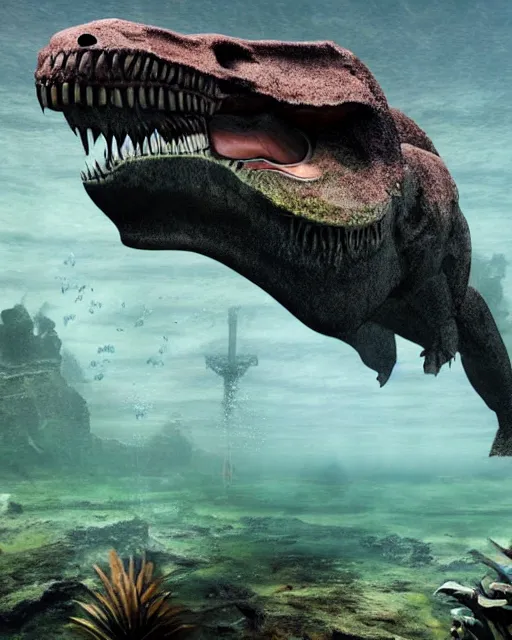 Prompt: enormous statue of Tyrannosaurus Rex in the middle of a sunken city, deep underwater