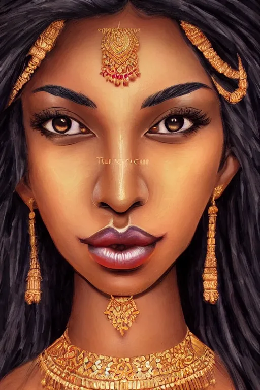 Image similar to A bust of a beautiful black skinned Indian girl with large lips and smooth eyebrows and straight hair, HD, illustration, epic, fantasy, intricate, elegant, amazing detail, digital painting, artstation, concept art, smooth, sharp focus, illustration, art by Turine Tran