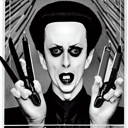 Prompt: a high quality product photo ad of klaus nomi with a technical reed rollerball pen exacto knife by junji ito, sharpie ethereal eel