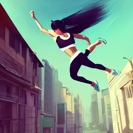 Prompt: a portrait of an asian female parkour runner with a black tank top and white running pants, city setting, vivid colors, soft lighting, atmospheric, cinematic, moody, in the style of Ilya Kuvshinov and Range Murata, Krenz Cushart, rule of thirds, oil on canvas, 8k