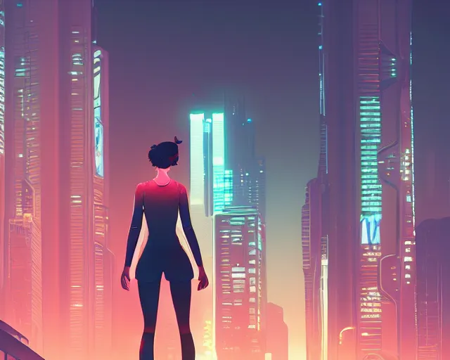 Image similar to a woman standing in front of a city at night, cyberpunk art by ilya kuvshinov, cgsociety, retrofuturism, ilya kuvshinov, artstation hd, artstation hq