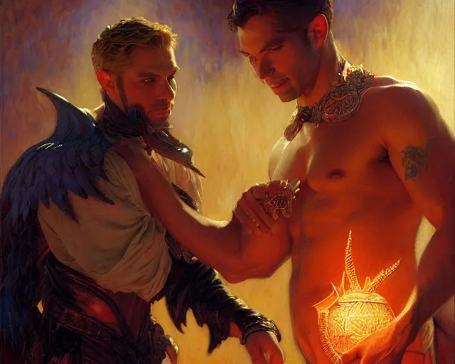 Image similar to attractive lucifer morningstar casting illusion over attractive mortal man. highly detailed painting by gaston bussiere, craig mullins, j. c. leyendecker 8 k