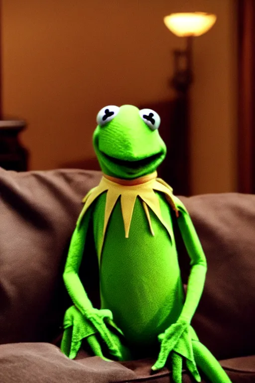 Image similar to candid photo of kermit the frog sitting on the couch hitting a bong, kermit the frog in ted ( 2 0 1 2 ) bong scene, kermit the frog using a bong, kermit smoking weed, bong rip, high resolution photo, trending on artstation, interior design,